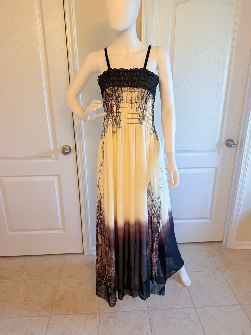 NEW Unique Forest Silhouette Print Smocked Ombre Cream Black Maxi Dress Size XXL